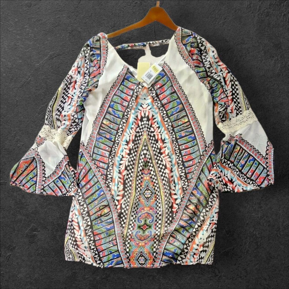 Pink Owl Medium White Mini Dress Flounce Sleeve V Neck Boho Lace Festival NEW